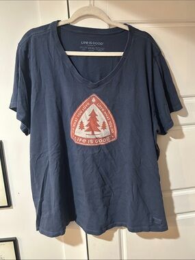 Life Is Good Navy V-Neck Tee with Rust Tree Badge
